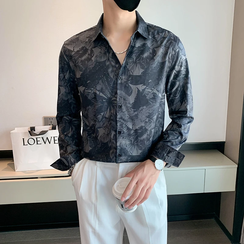Vintage Flower Shirts Men Autumn Long Sleeve Loose Casual Business Dress Shirt Social Party Tuxedo Streetwear Camisa Masculina