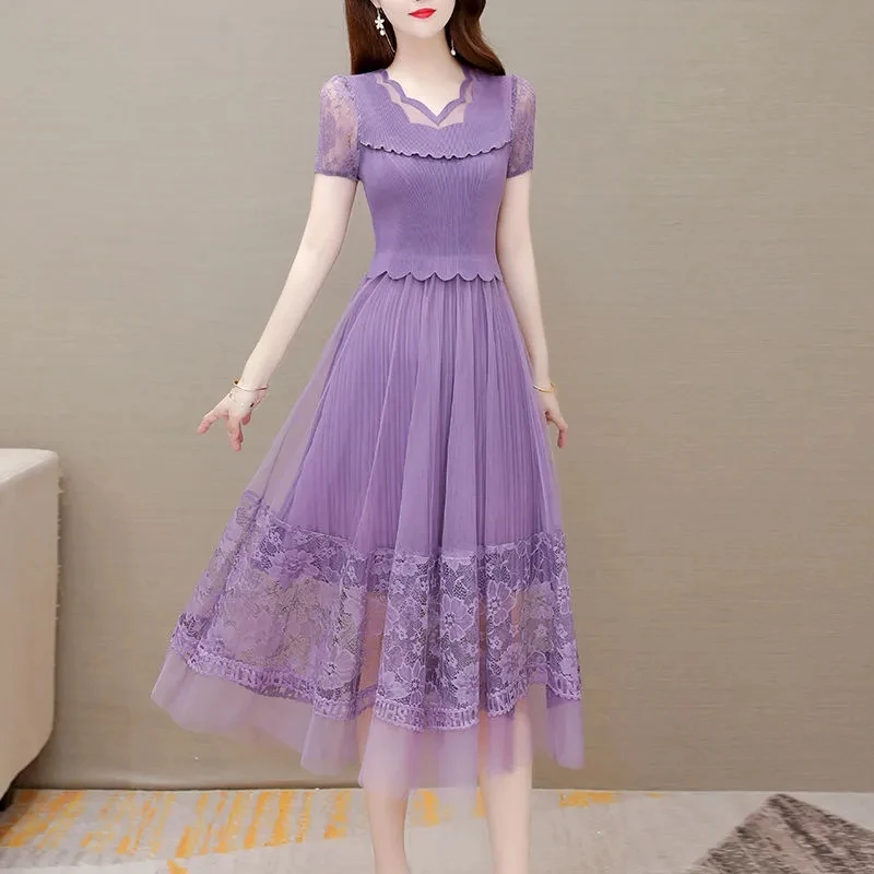 

Purple Dress Women's Summer 2023 New Fashion Women's thin Temperament Lace Mesh Long Dresses Holiday Dress Party High Qualityb