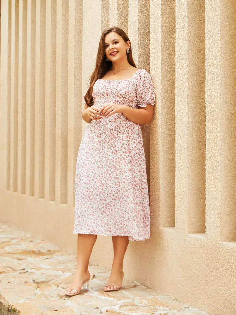 Side Slit Blue Pink Floral Women Long Dresses Plus Size Women Summer Dresses Elegant Big Size Ladies Midi Dresses For Women 2023