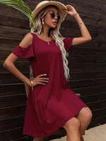 levaca womens summer red cold shoulder short sleeve round neck casual flared tunic a line dress