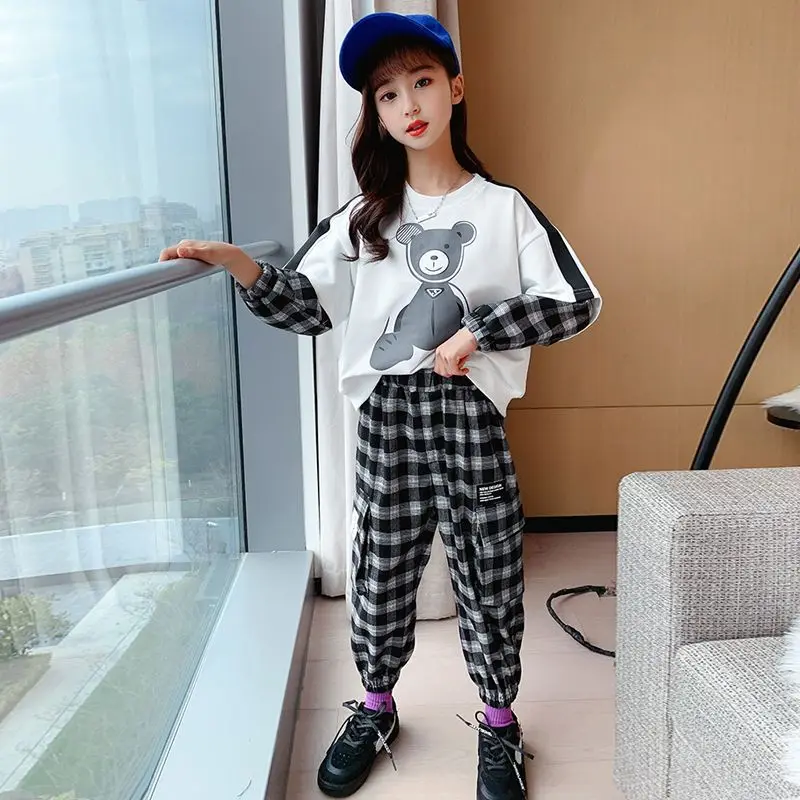 

Autumn 2023 Girls Clothes Sets Outfits Kids Baby Long Sleeve Sweatshirt + Plaid Pants Children Clothing Suits 6 8 10 12 14 Y