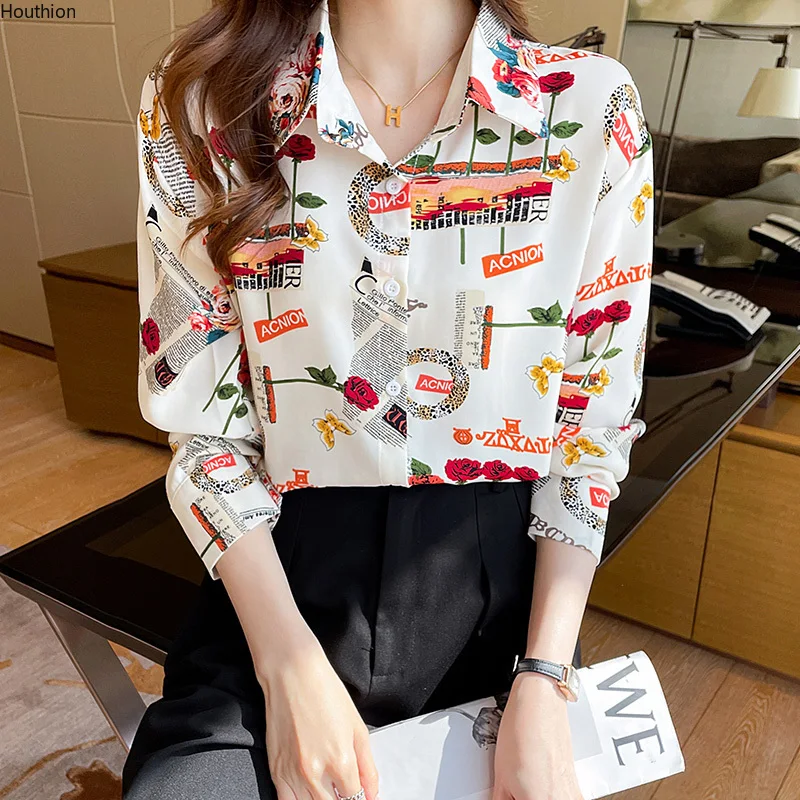 

Блузка женская шифоновая с длинным рукавом, Повседневная модная рубашка-поло свободного покроя с принтом, лето