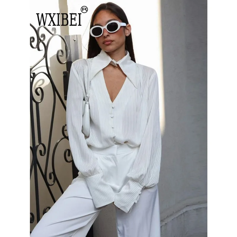 

WXIBEI White Jacquard Sexy Women Streak Shirt Lapel Cutout Single-Breasted Blouses And Tops Office Ladies Pink Stripe 2023 FC958