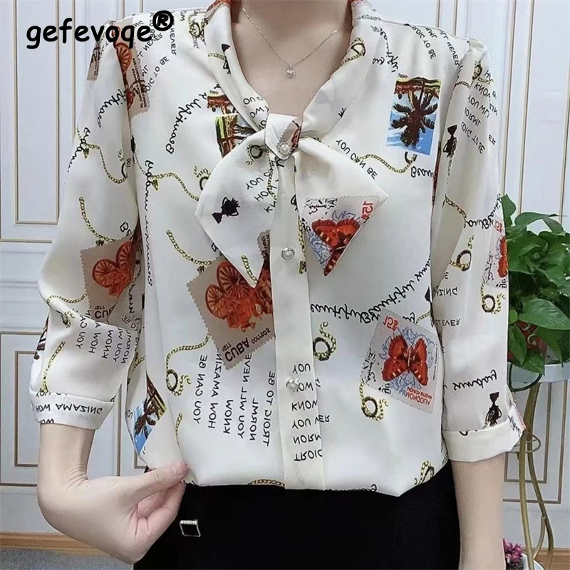 

Women 3/4 Sleeve Floral Printed Blouses Chiffon Shirts Office Lady Elegant Fashion Bow Tie Spring Autumn Loose Casual Tops 6XL