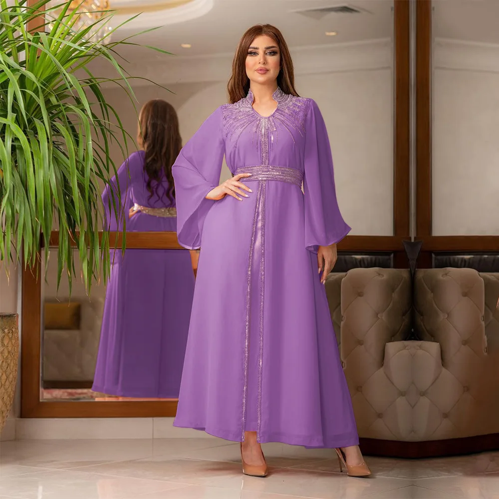 Women Spring Summer Muslim Fashion Middle East Turkey Seasonal Tempest Evening Dress Hot Diamond Belted Chiffon Dress Ramadan