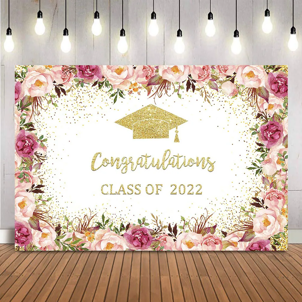 

Фон для фотосъемки с изображением розовых цветов, поздравительных фотографий, выпускных шапок, праздничных украшений