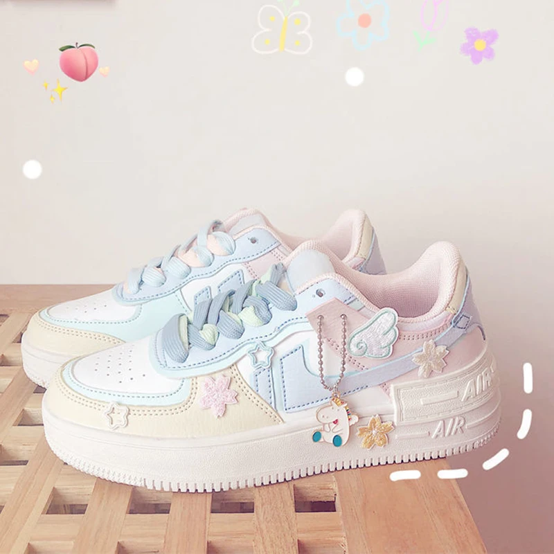 

Kawaii Candy Color Canvas Sneakers Japanese Style Patchwork Women's Footwear Cute Girls' Lolita Shoes Stickers Zapatillas Mujer