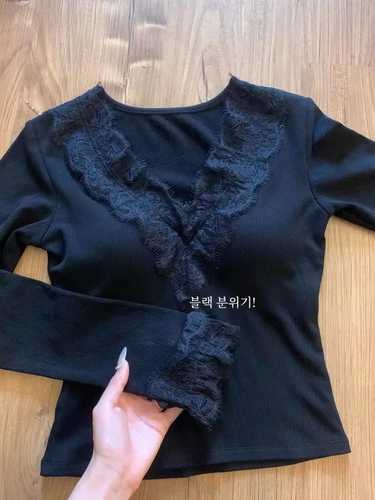 Black Atmosphere Lace Stitching V-neck Bottoming Shirt Women clothes Autumn and Winter Knit T-shirt Long sleeve Sweet Spi...