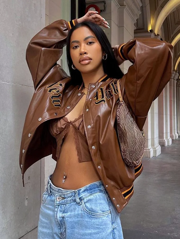 

2023 Spring Fashion Stand Collar Bomber Jacket Streetwear Y2K Women's Single Breasted Long Sleeve Loose Coats Outerwear Spring