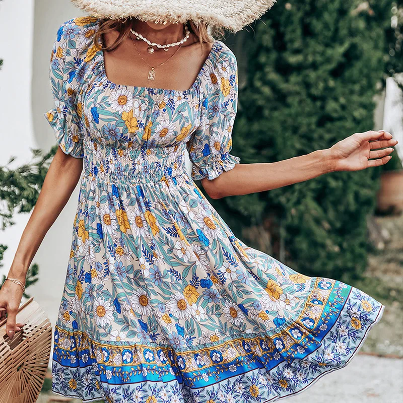 

Женское короткое платье с цветочным принтом, свободное Повседневное платье с квадратным вырезом и оборками на рукавах, юбка с высокой талие...