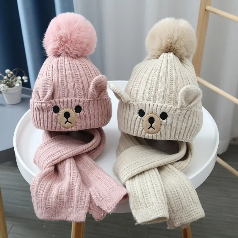

New Winter Children's Boys Girls Warm Hat Scarf Set Baby Plush Hat Cute CARTOON Bear Pullover Knitted Hat SOFT Comfortable Scarf