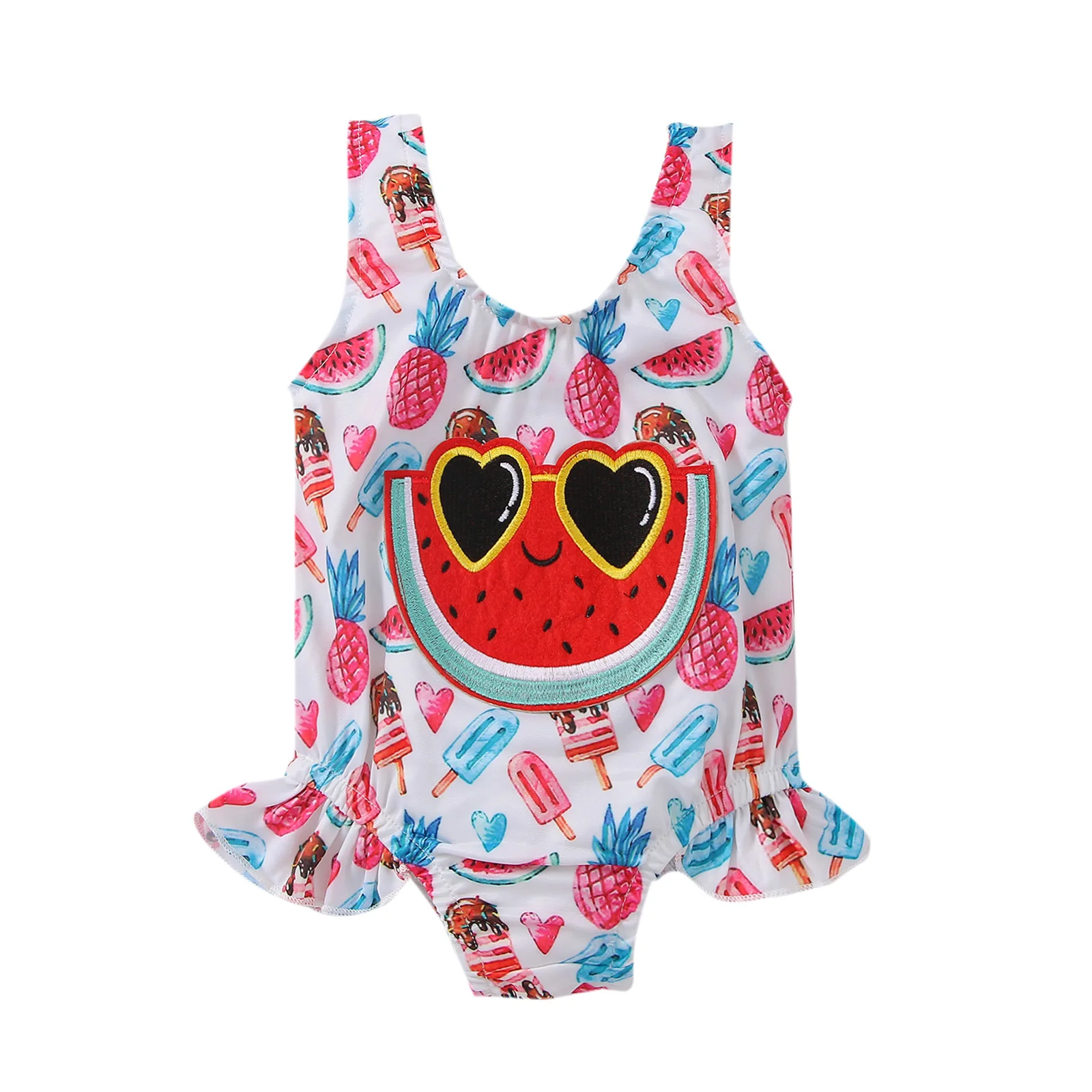 

Lovely Little Kids Baby Girls Clothing Summer Swimwear Round Neck Sleeveless Watermelon Ice Cream Printed Bodysuit Swimwear