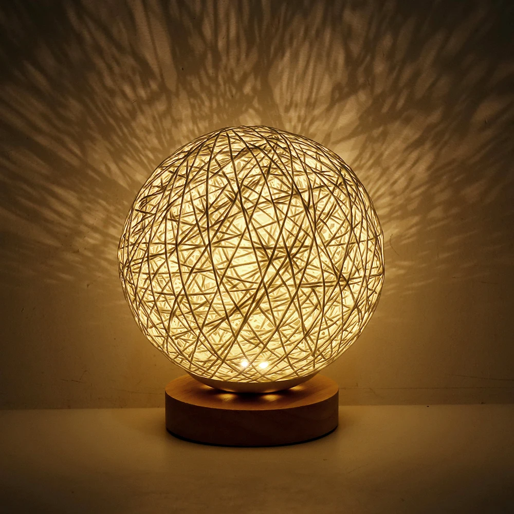

LED Moon Table Lamp Wood Desktop Ball Light Dimmable Linen Ball Rattan Lampshade USB Bedroom Bedside Night Light Home Decor