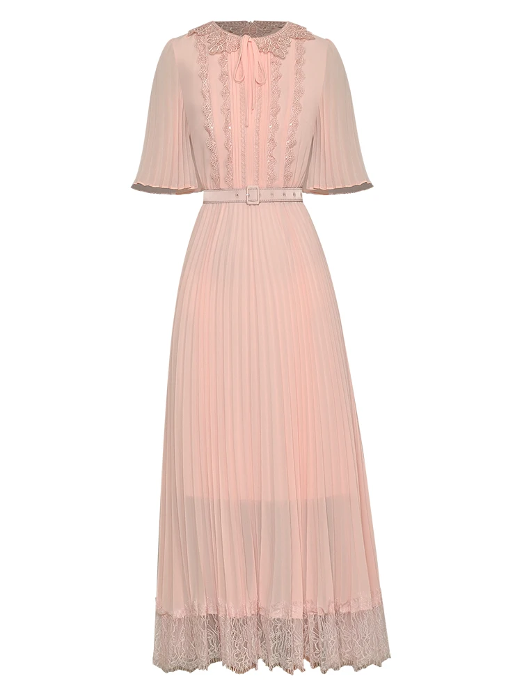 

Designer High Quality 2022 Summer New Women's Celebrity Party Fashion Casual Elegant Gorgeous Embroidery Belt Pleated Midi Dress