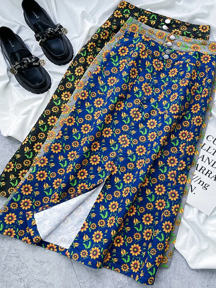

Floral Skirt Women Summer New High Waisted Back Split Straight Midi Skirts Vintage Flower Print Hip Package Faldas Largas Mujer