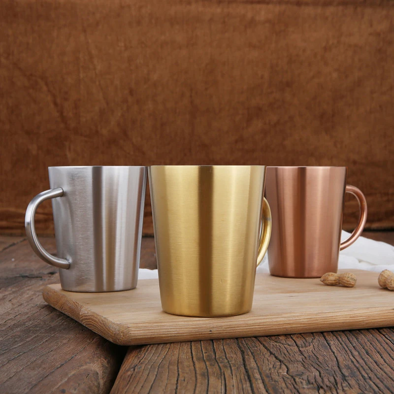

300ml Double-Layer Water Cup Home Dining Drinkware Mugs 304 Stainless Steel Beer Cup Gold Sliver Coffee Mugs With Handle