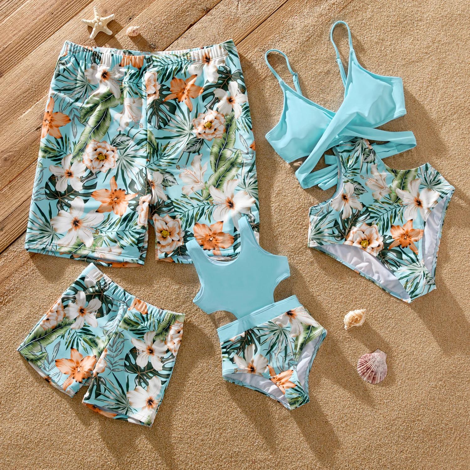 

PatPat Family Matching Swimsuit Solid & Floral Print Spliced Crisscross Cut Out One-piece Swimsuit or Swim Trunks Shorts