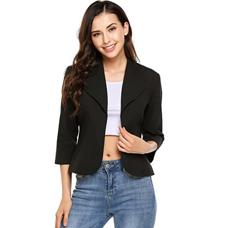 2021 Work Clothing Simple Solid Colors Slim Short Blazer Women V-Neck Three Quarter Sleeve Hidden Breasted Casual Office Blazer