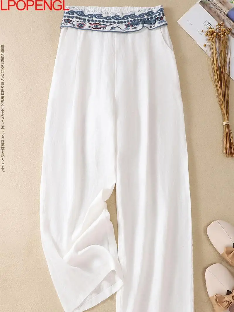 

Cotton And Linen Wide-leg Pants Women's Summer Retro Ethnic Loose Hakama Elastic Waist Buckle Solid Embroidered Linen Trousers