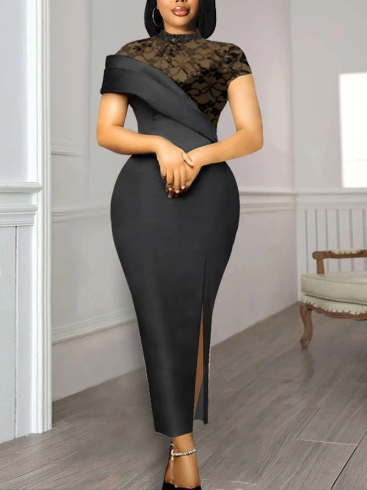 

Black Dress Lace Patchwork Elegant for Women Party Sheer Sleeves Slim See Through Summer Large Size Lady Homecoming Robes Gowns