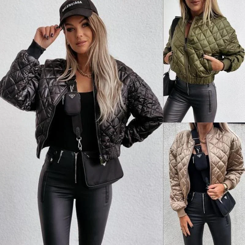 Women's Jacket Winter Thin Parka Coat Army Green Bomber Jacket Retro Fashion Streetwear Pocket Long Sleeve Short Coat Ladies