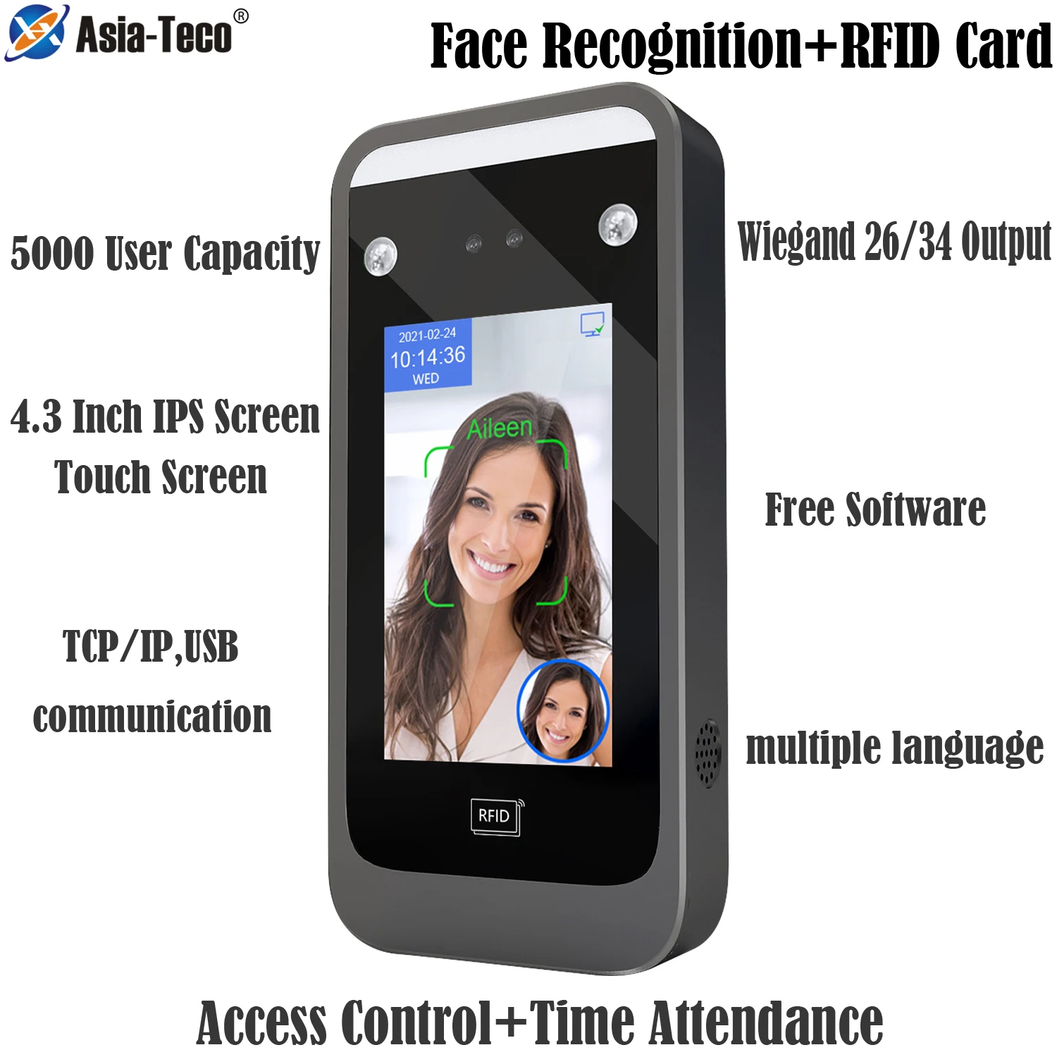 

4.3 inch Touch Screen TCP/IP USB 125Khz RFID Card Dynamic Face Recognition Access Control Employee Time Attendance 5000 user