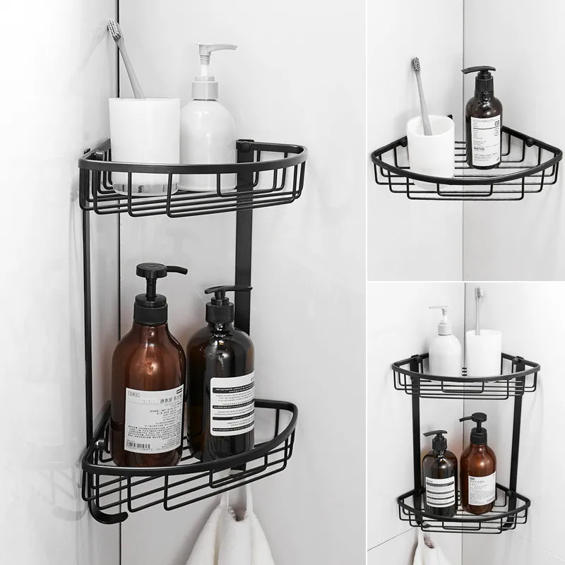 Однотонная латунная угловая полка для ванной комнаты с крючками стойка шампуня и