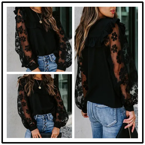 

2022 New Woman Vintage Blouse Shirts Transparent Lace Bubble Sleeve Elegant Blouses Tops Autumn Long Sleeve Female Shirts