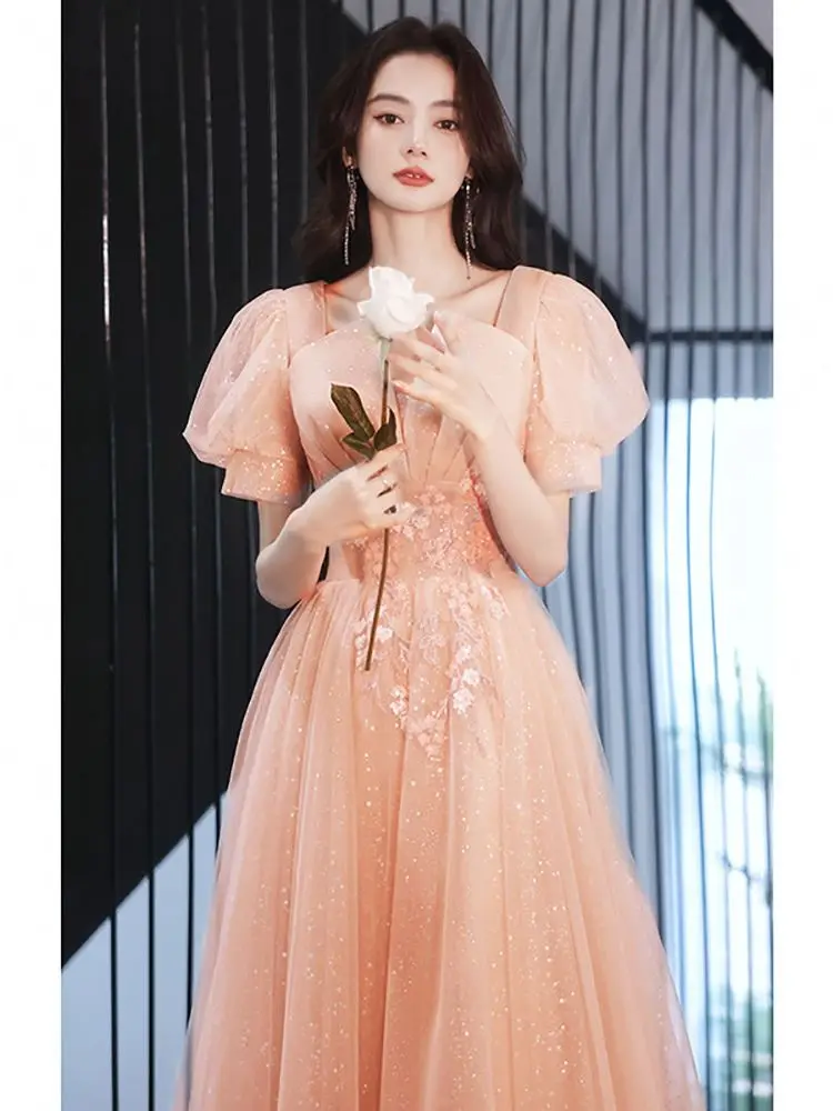 

Champagne Evening Dress Elegant Appliques V-Neck Puff Sleeve Temperament Celebrity Dress Classic Tulle Sequin Long Pageant Gown