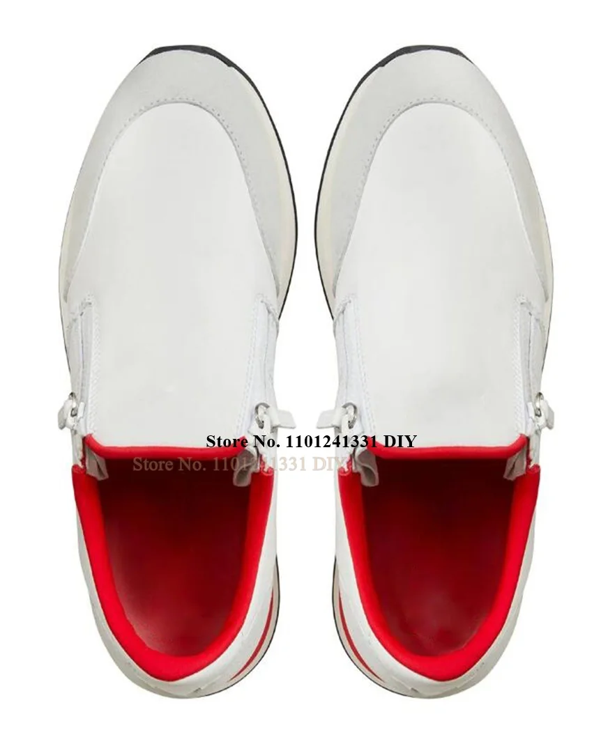 

Белые красные кожаные кроссовки с контрастной подкладкой, мужская повседневная обувь с круглым носком и боковой молнией, мужская обувь на плоской подошве