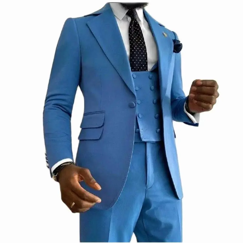 Blue Notch Lapel Business Men Suits Formal Suits Wedding Groom Tuxedo Slim Fit Man Custom Made Blazer 3 Pieces Jacket+Pant+Vest