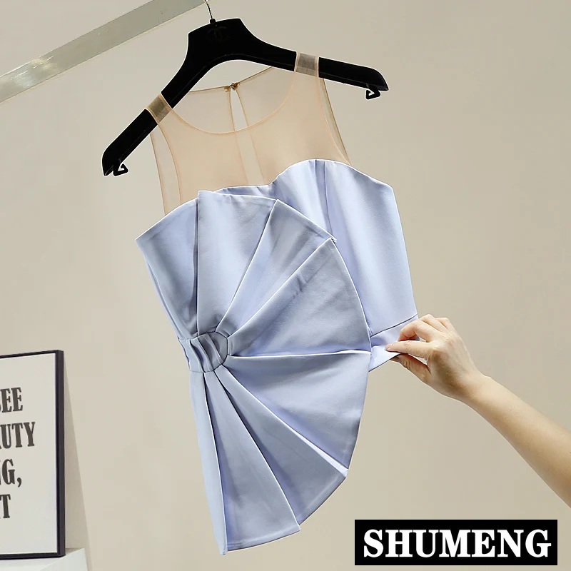 

Sexy Mesh Stitching Irregular Pleated Shaped Strapless Bra Top Ladies Elegant Sexy Sleeveless Evening Party Shirt Blouse Blusas