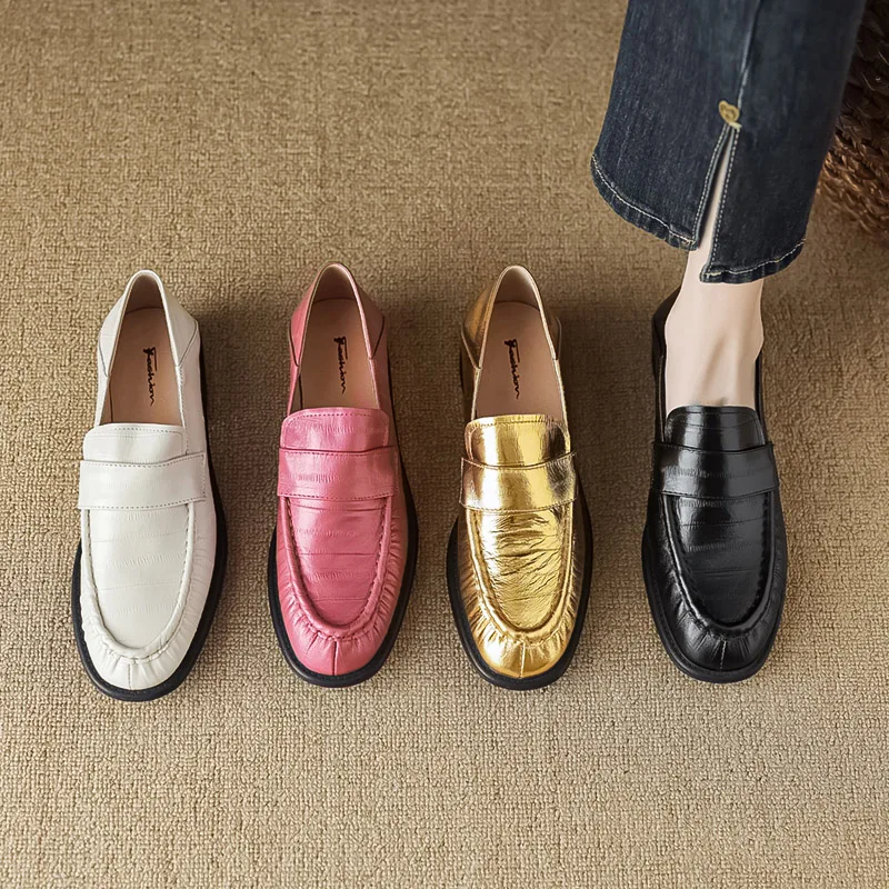 

Дизайнерские плиссированные женские лоферы Phoentin с круглым носком, весна-осень, новые ретро туфли на среднем каблуке, офисные женские черные золотые туфли-лодочки FT3047