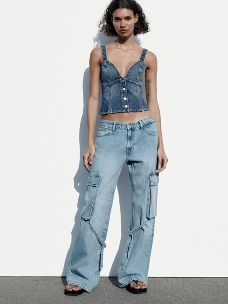 

Синие 2023 летние модные новые стильные темпераментные декоративные джинсы с карманами и высокой талией свободные джинсы женская одежда