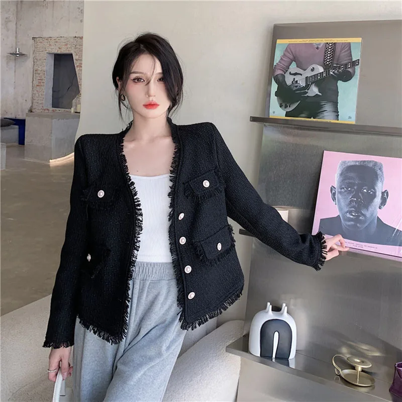 Женские твидовые короткие куртки с бахромой элегантные милые шикарные шерстяные