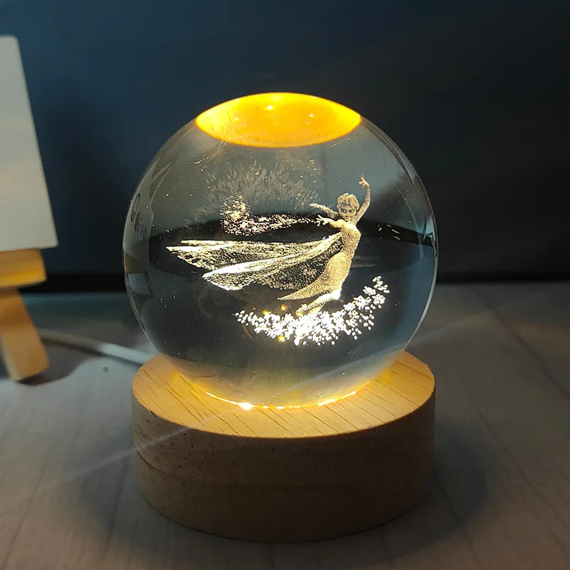 

2023 Disney Frozen 2 Crystal Ball 3D Toys Frozen Figures Engraving Model with LED Light Base Kids Gift Collectable