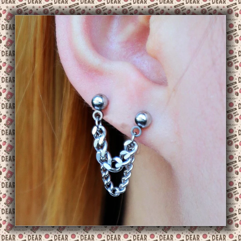 Stainless Steel Industrial Piercing Helix Lobe Jewelry 16g 20g Ear Studs Earrings Cartilage Pierc Tragus Conch Ear Rings Chain