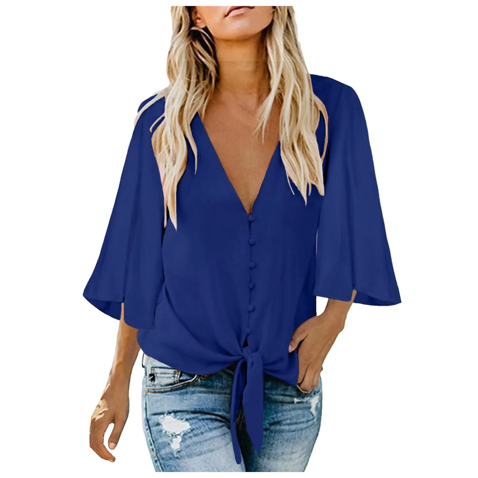 

Womens Summer Blouses Tops 3/4 Bell Sleeve Tops Solid Color Button Down Shirt Summer V-neck Long Sleeve Casual Tops Blouses