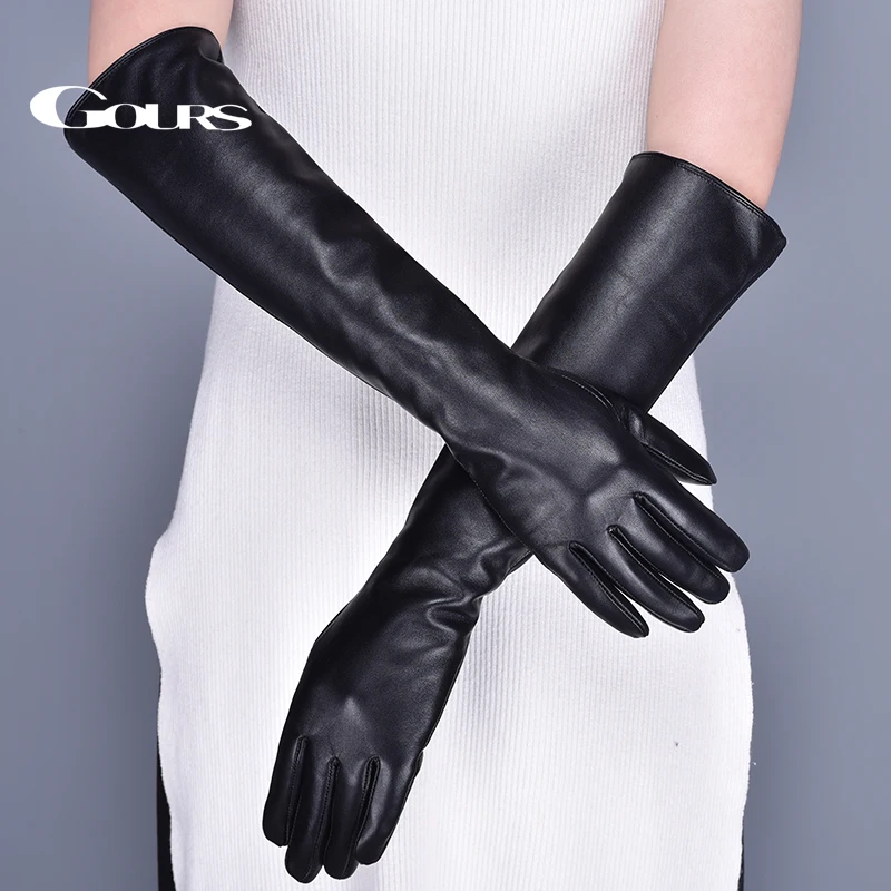 GOURS Winter Real Leather Gloves Women Black Real Sheepskin Touch Screen Long Gloves Fleece Lined Warm Fashion Mitten New GSL079