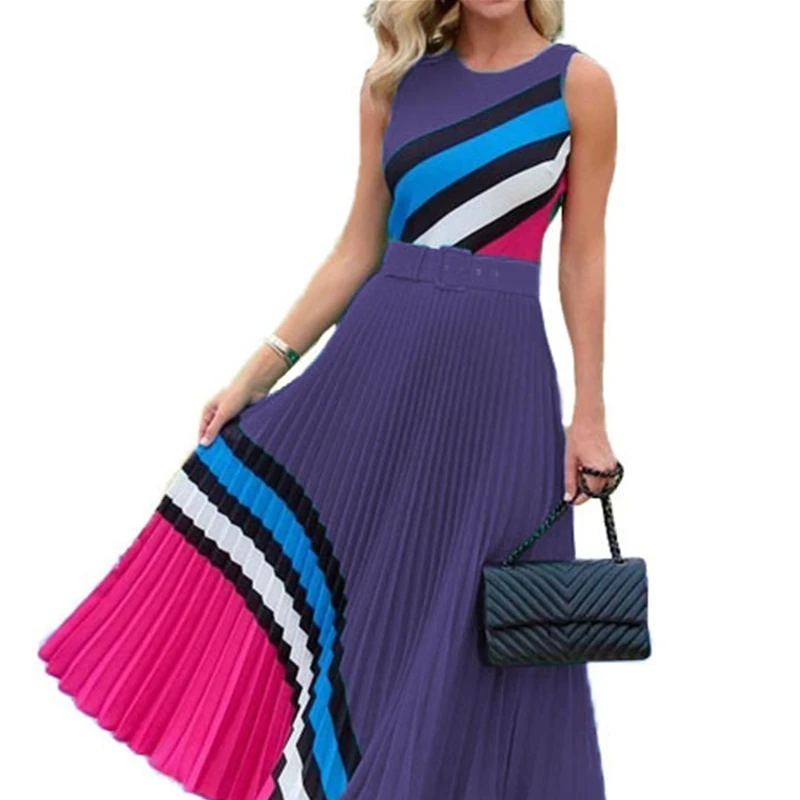

Plus size 5XL temperament round neck sleeveless dress geometric print pleated dress women elegant high waist Vestidos dress