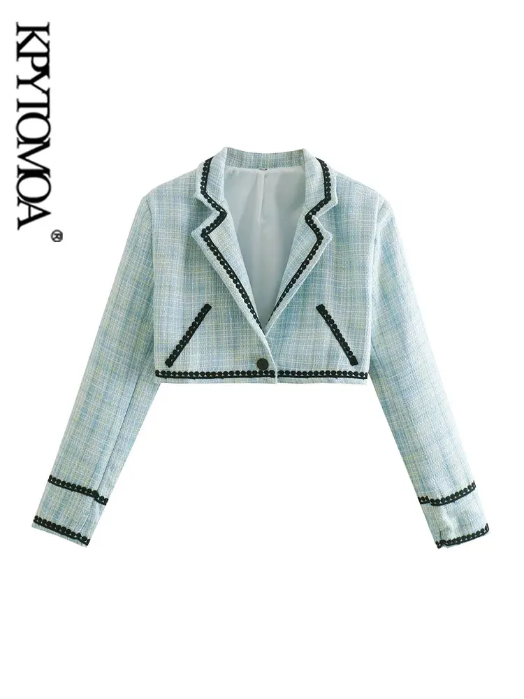 

KPYTOMOA Women Fashion Patchwork Tweed Cropped Blazer Coat Vintage Long Sleeve Front Button Female Outerwear Chic Veste Femme