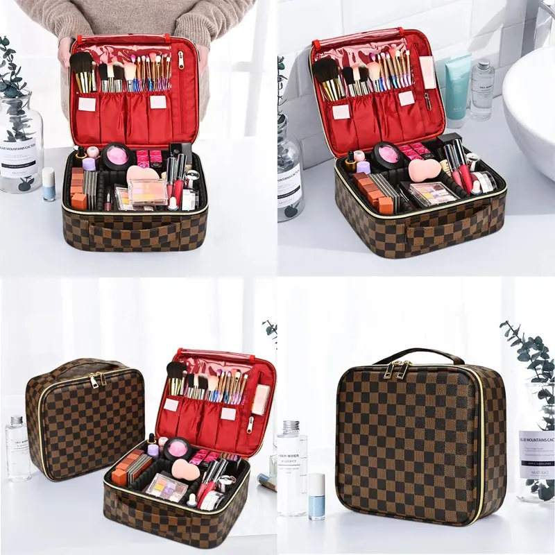 Makeup Bag for Women, Checkered Cosmetic Case, Travel Cosmetic Organizer with Adjustable Dividers, Red