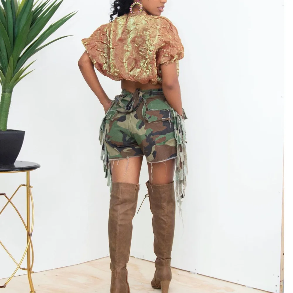 Cargo Style Side Tassel Camouflage Shorts Women High Waist Lace Up Pockets Holes Casual Loose Shorts Summer Streetwear