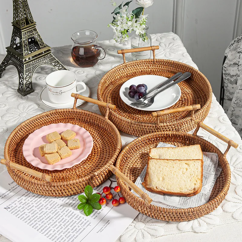 

Hand-woven Rattan Round Basket Tray with Handle for Breakfast Drink Snack Coffee Tea Bread Fruit Food Storage Platters Plate
