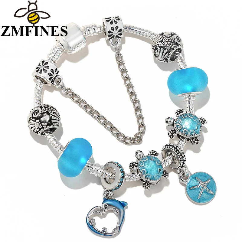 

Ocean Style Lake Blue Dolphin Turtle Charm Beads Pendant DIY Snake Chain Charm Bracelet For Women Children Jewelry Dropshipping
