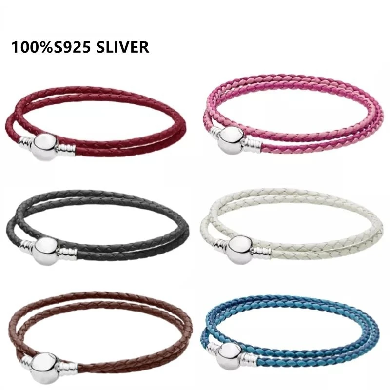 

100% S925 Sterling Silver Genuine Leather Ball Circular Clasp Snake Chain Bracelet Bangle Fit Pandora Bead Charm Trendy Jewelry