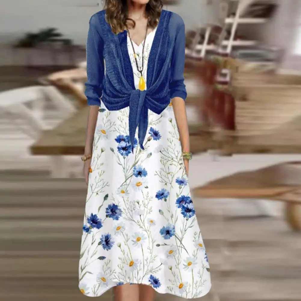 

Летнее платье до середины икры, устойчивое к усадке, с цветочным принтом, комплект пальто с рукавом 3/4 для повседневной носки