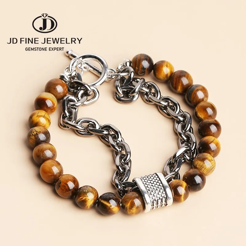 

JD Natural Tiger Eye Stone Beaded Bracelet Men Stainless Steel Gunmetal Link Chain Yoga Bangles Male OT Buckle Wristband Jewelry