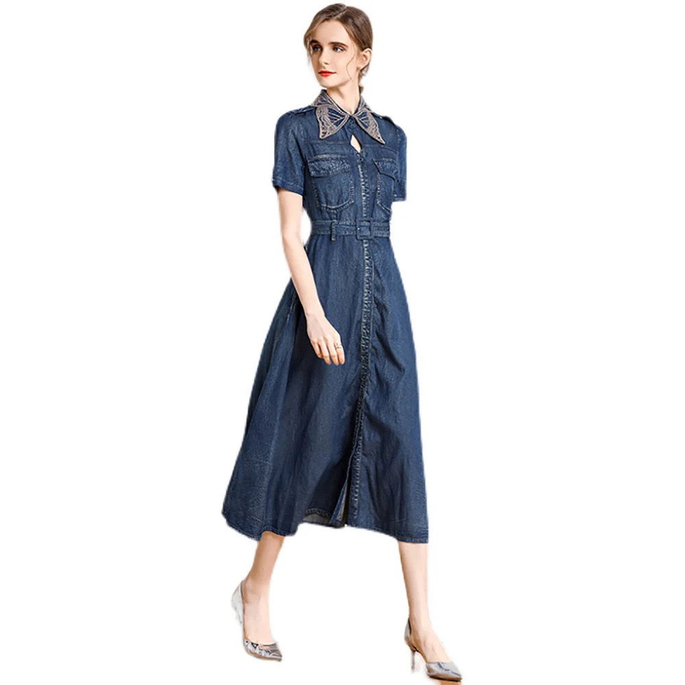 

Summer Vintage Style Long Style Short sleeve Dress clothing European American luxury design Women's Embroidery Denim Dress