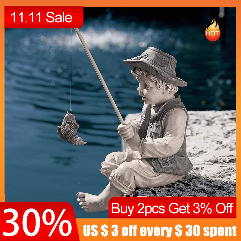 

Garden Statue Gone Fishing Boy Yard Ornaments Resin Fisherman Funny Lawn Sculpture Home Decoration Support Dropshipping